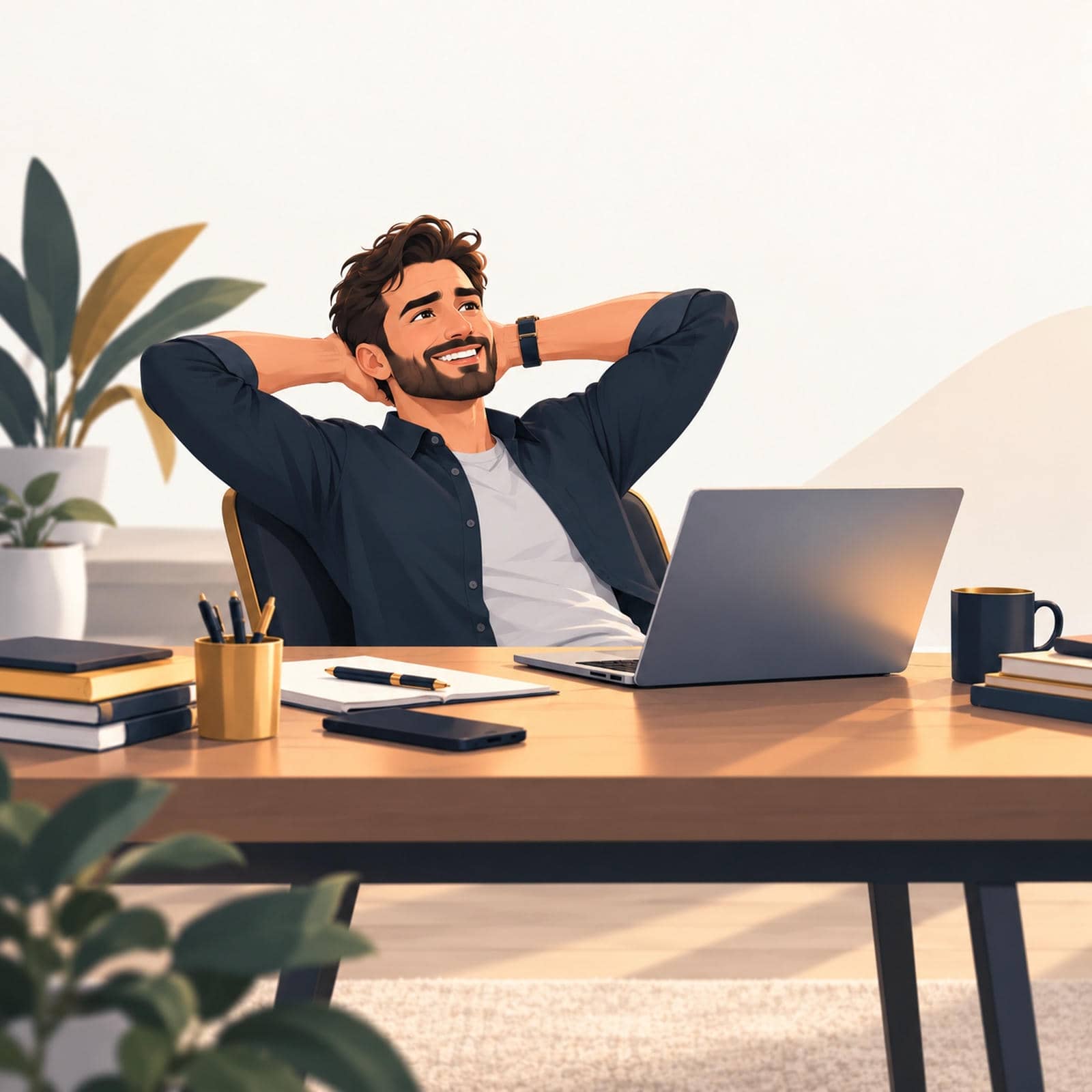 Illustration of a property business owner feeling relaxed and in control of their marketing