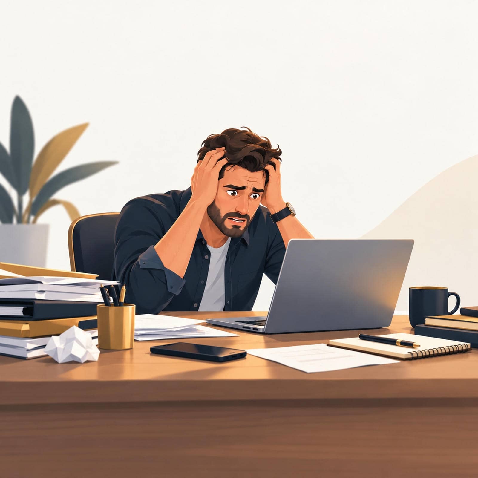 Illustration of a property business owner feeling overwhelmed by marketing work